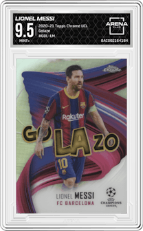 Lionel Messi from the 2020-21 Topps Chrome UEFA Champions League set graded by Arena Club and given an overall grade of 9.5.