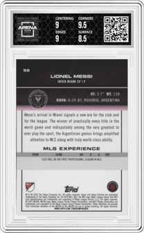 Lionel Messi from the 2023 Topps Chrome MLS Major League Soccer set graded by Arena Club and given an overall grade of 9.