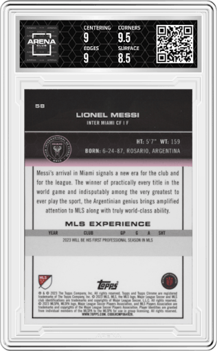 Lionel Messi from the 2023 Topps Chrome MLS Major League Soccer set graded by Arena Club and given an overall grade of 9.