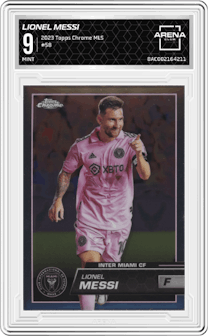 Lionel Messi from the 2023 Topps Chrome MLS Major League Soccer set graded by Arena Club and given an overall grade of 9.