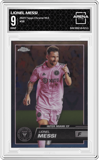 Lionel Messi from the 2023 Topps Chrome MLS Major League Soccer set graded by Arena Club and given an overall grade of 9.