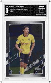Jude Bellingham from the 2020-21 Topps Chrome UEFA Champions League set graded by Arena Club and given an overall grade of 9.