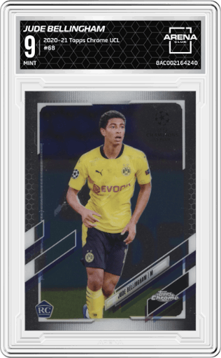 Jude Bellingham from the 2020-21 Topps Chrome UEFA Champions League set graded by Arena Club and given an overall grade of 9.