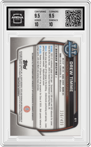 Drew Timme from the 2022-23 Bowman University Chrome set featuring a Refractor parallel graded by Arena Club and given an overall grade of 10.