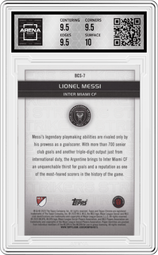 Lionel Messi from the 2023 Topps Chrome MLS Major League Soccer set graded by Arena Club and given an overall grade of 10.