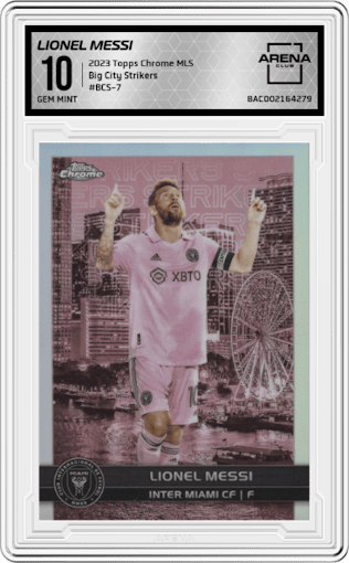 Lionel Messi from the 2023 Topps Chrome MLS Major League Soccer set graded by Arena Club and given an overall grade of 10.