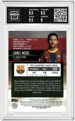 Lionel Messi from the 2020-21 Topps Stadium Club Chrome UEFA CL set graded by Arena Club and given an overall grade of 9.5.