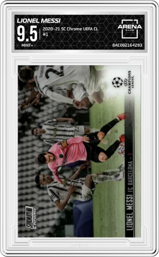 Lionel Messi from the 2020-21 Topps Stadium Club Chrome UEFA CL set graded by Arena Club and given an overall grade of 9.5.
