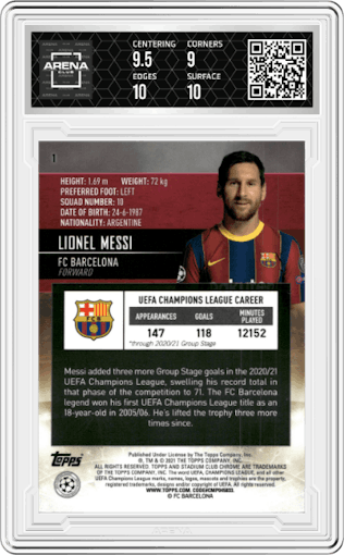 Lionel Messi from the 2020-21 Topps Stadium Club Chrome UEFA CL set graded by Arena Club and given an overall grade of 9.5.