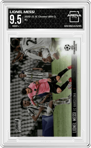 Lionel Messi from the 2020-21 Topps Stadium Club Chrome UEFA CL set graded by Arena Club and given an overall grade of 9.5.