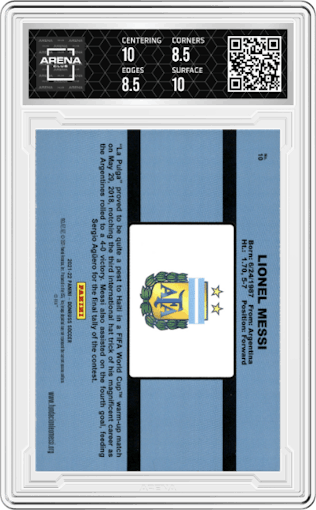 Lionel Messi from the 2021-22 Panini Donruss Road to Qatar set graded by Arena Club and given an overall grade of 9.