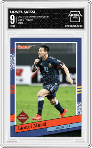 Lionel Messi from the 2021-22 Panini Donruss Road to Qatar set graded by Arena Club and given an overall grade of 9.