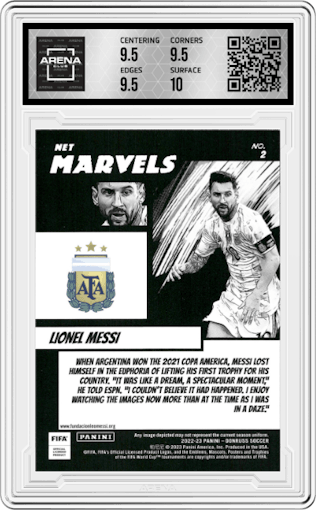 Lionel Messi from the 2022-23 Panini Donruss  set graded by Arena Club and given an overall grade of 10.