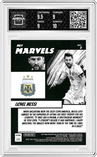Lionel Messi from the 2022-23 Panini Donruss  set graded by Arena Club and given an overall grade of 9.5.