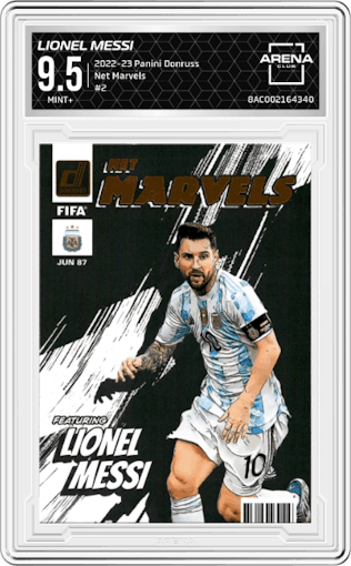 Lionel Messi from the 2022-23 Panini Donruss  set graded by Arena Club and given an overall grade of 9.5.