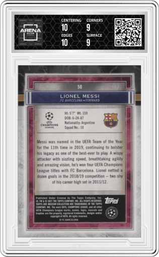 Lionel Messi from the 2020-21 Topps Museum Collection UEFA Champions League set graded by Arena Club and given an overall grade of 9.5.