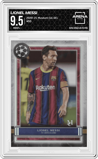 Lionel Messi from the 2020-21 Topps Museum Collection UEFA Champions League set graded by Arena Club and given an overall grade of 9.5.
