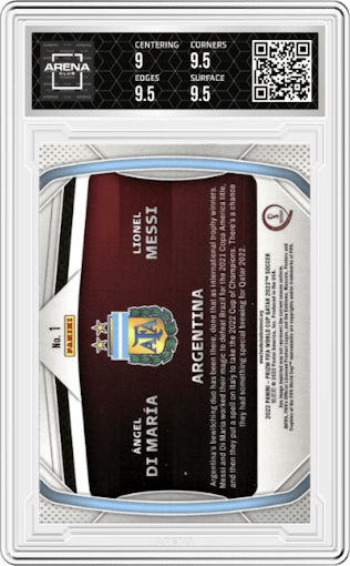 Angel Di Maria/Lionel Messi from the 2022 Panini Prizm FIFA WC Qatar set graded by Arena Club and given an overall grade of 9.5.