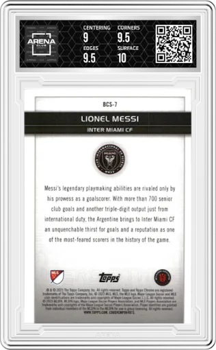 Lionel Messi from the 2023 Topps Chrome MLS Major League Soccer set graded by Arena Club and given an overall grade of 9.5.