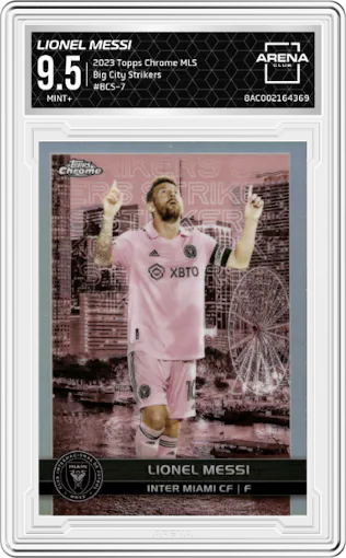 Lionel Messi from the 2023 Topps Chrome MLS Major League Soccer set graded by Arena Club and given an overall grade of 9.5.