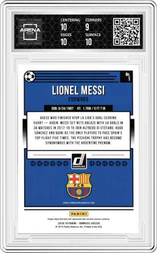 Lionel Messi from the 2018-19 Panini Donruss set graded by Arena Club and given an overall grade of 9.5.