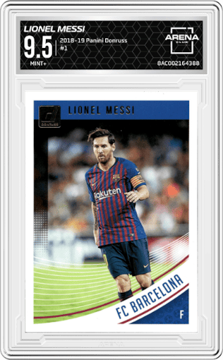 Lionel Messi from the 2018-19 Panini Donruss set graded by Arena Club and given an overall grade of 9.5.