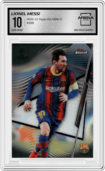Lionel Messi from the 2020-21 Topps Finest UEFA Champions League set graded by Arena Club and given an overall grade of 10.