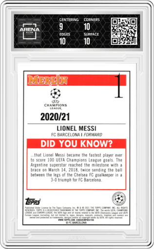 Lionel Messi from the 2020-21 Topps Chrome Merlin UEFA set graded by Arena Club and given an overall grade of 9.5.