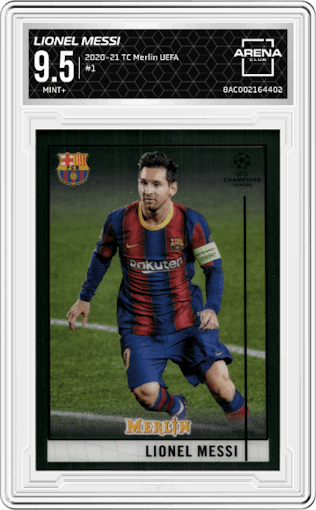 Lionel Messi from the 2020-21 Topps Chrome Merlin UEFA set graded by Arena Club and given an overall grade of 9.5.