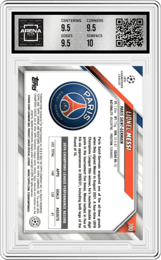 Lionel Messi from the 2021-22 Topps Chrome UEFA Champions League set graded by Arena Club and given an overall grade of 10.