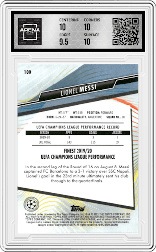 Lionel Messi from the 2020-21 Topps Finest UEFA Champions League set graded by Arena Club and given an overall grade of 10.