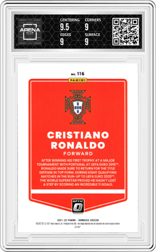Cristiano Ronaldo from the 2021-22 Panini Donruss Road to Qatar set graded by Arena Club and given an overall grade of 9.