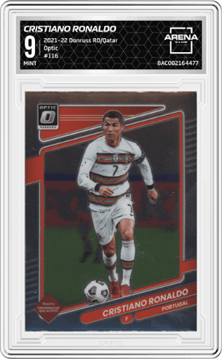 Cristiano Ronaldo from the 2021-22 Panini Donruss Road to Qatar set graded by Arena Club and given an overall grade of 9.