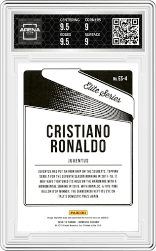 Cristiano Ronaldo from the 2018-19 Panini Donruss set graded by Arena Club and given an overall grade of 9.5.