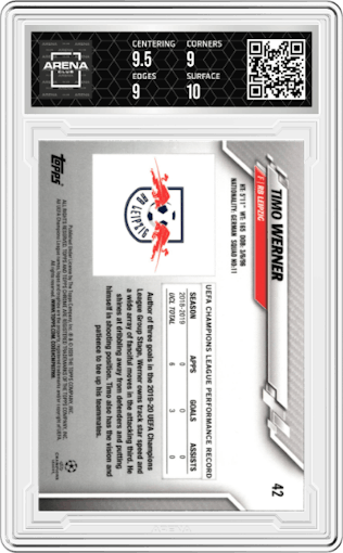 Timo Werner from the 2019-20 Topps Chrome UEFA Champions League set graded by Arena Club and given an overall grade of 9.5.