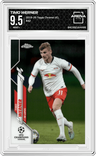 Timo Werner from the 2019-20 Topps Chrome UEFA Champions League set graded by Arena Club and given an overall grade of 9.5.