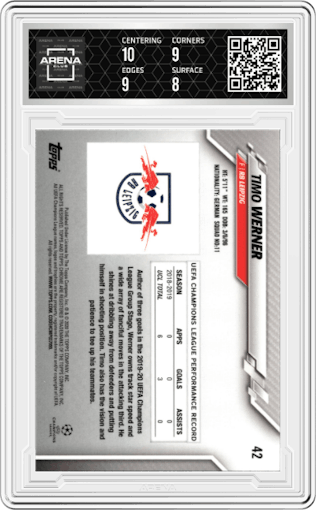 Timo Werner from the 2019-20 Topps Chrome UEFA Champions League set graded by Arena Club and given an overall grade of 8.5.