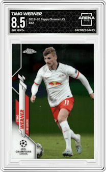 Timo Werner from the 2019-20 Topps Chrome UEFA Champions League set graded by Arena Club and given an overall grade of 8.5.