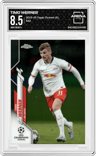 Timo Werner from the 2019-20 Topps Chrome UEFA Champions League set graded by Arena Club and given an overall grade of 8.5.