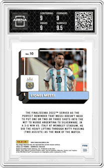 Lionel Messi from the 2022-23 Panini Donruss  set featuring a Optic parallel graded by Arena Club and given an overall grade of 9.