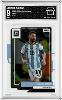 Lionel Messi from the 2022-23 Panini Donruss  set featuring a Optic parallel graded by Arena Club and given an overall grade of 9.