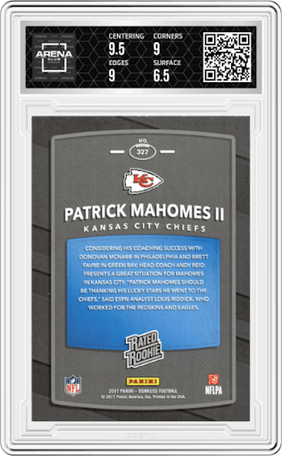 Patrick Mahomes II from the 2017 Panini Donruss set graded by Arena Club and given an overall grade of 7.