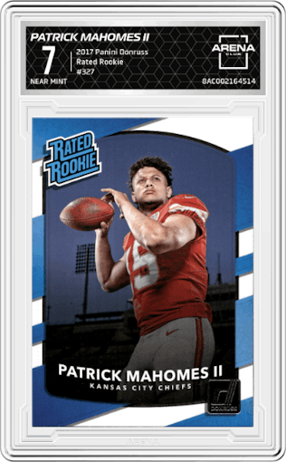 Patrick Mahomes II from the 2017 Panini Donruss set graded by Arena Club and given an overall grade of 7.