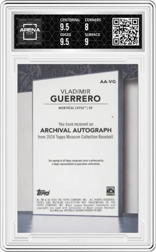 Vladimir Guerrero from the 2024 Topps Museum Collection set featuring a Gold parallel graded by Arena Club and given an overall grade of 8.5.