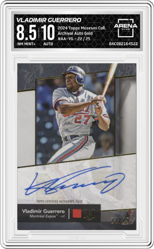 Vladimir Guerrero from the 2024 Topps Museum Collection set featuring a Gold parallel graded by Arena Club and given an overall grade of 8.5.