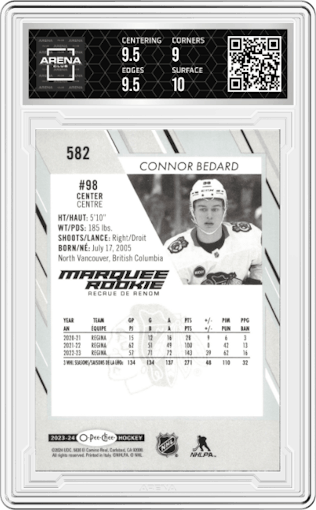 Connor Bedard from the 2023-24 O-Pee-Chee set graded by Arena Club and given an overall grade of 9.5.