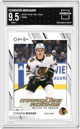 Connor Bedard from the 2023-24 O-Pee-Chee set graded by Arena Club and given an overall grade of 9.5.