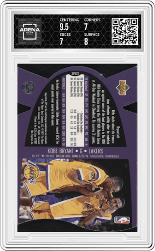 Kobe Bryant from the 1997 SPx set featuring a Gold parallel graded by Arena Club and given an overall grade of 7.5.
