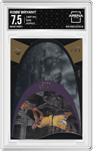 Kobe Bryant from the 1997 SPx set featuring a Gold parallel graded by Arena Club and given an overall grade of 7.5.