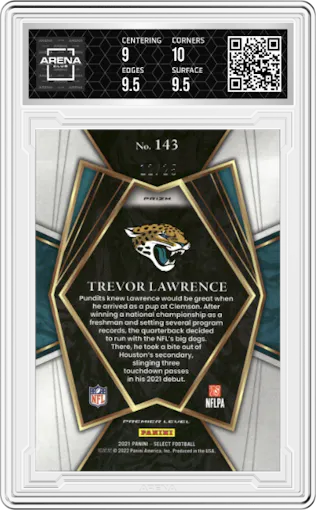 Trevor Lawrence from the 2021 Panini Select set featuring a Disco Blue parallel graded by Arena Club and given an overall grade of 9.5.